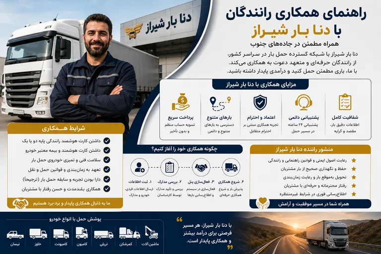 همکاری رانندگان با شرکت حمل و نقل دنا بار شیراز